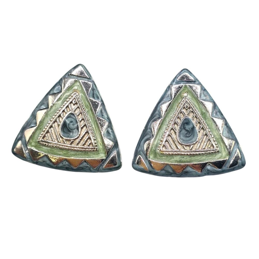 Vintage Earrings Chevron Design Southwestern Style Triangle Green Silver Enamel